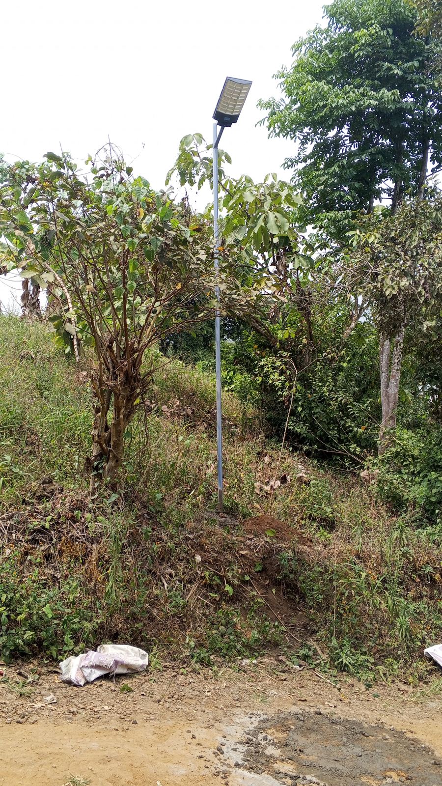 A newly installed solar street lamp in Bokova
